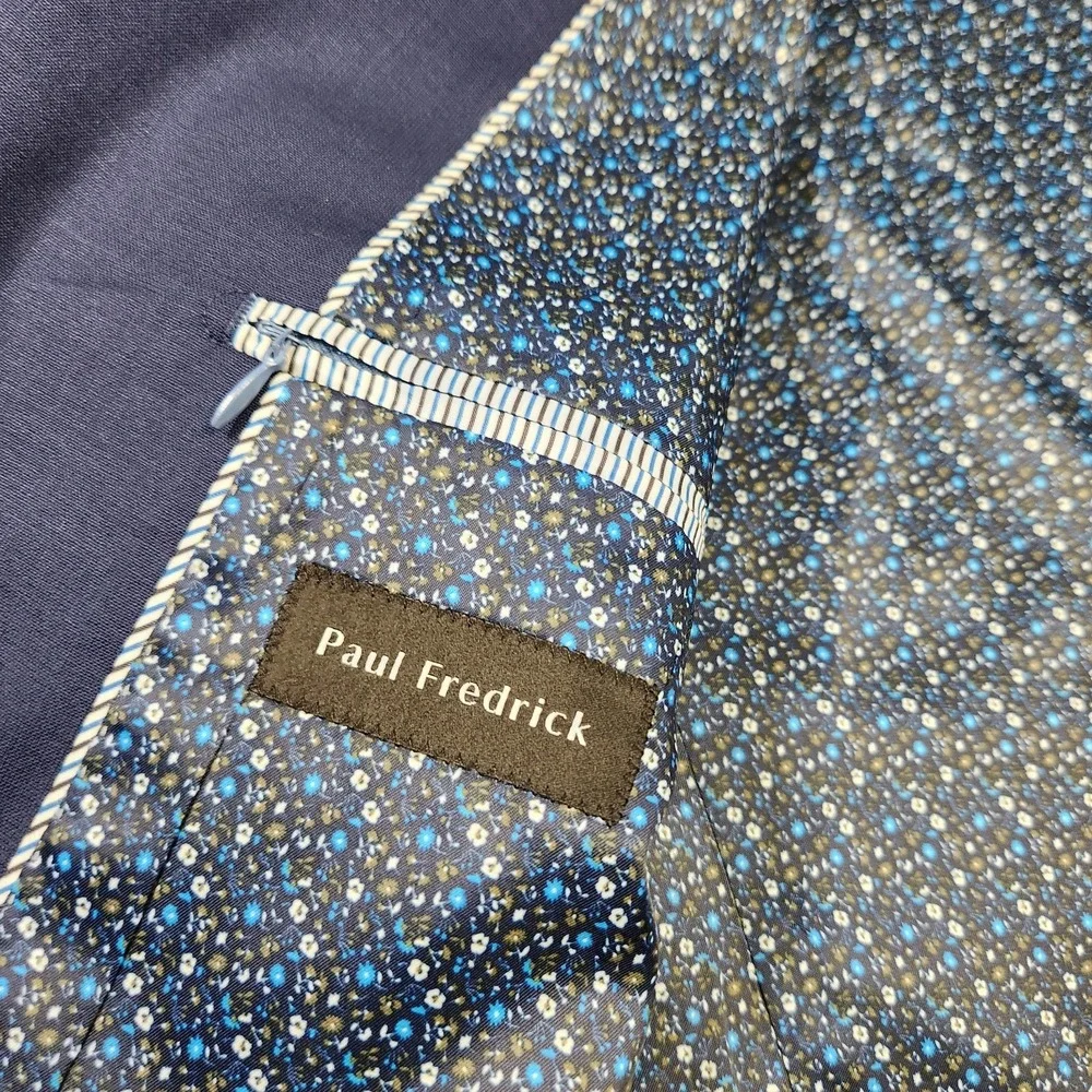 Paul Frederick Blazer Men 44S Blue Traveler Wool Stretch Modern Floral Lined